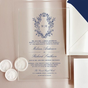 Invitations En Acrylique Mariage au monogramme à crête de chinoiserie bleue