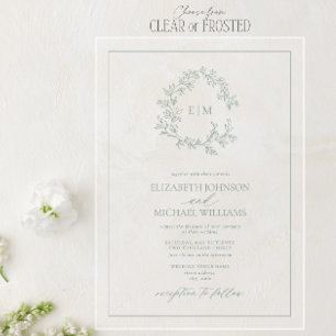 Invitations En Acrylique Mariage au monogramme de crête feuillue vert sauge