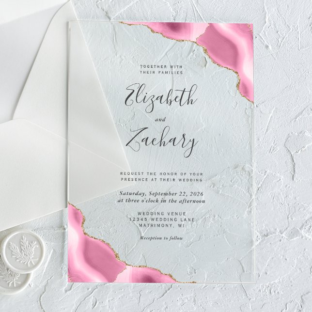 Invitations En Acrylique Mariage aux coins en agate rose et or moderne (Créateur téléchargé)