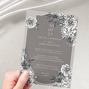 Invitations En Acrylique Mariage aux pivoines noires et blanches simples mo