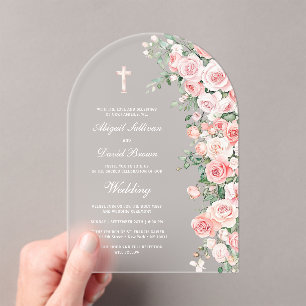 Invitations En Acrylique Mariage aux Roses Fardées de Pêches sous une Arche