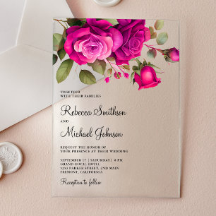 Invitations En Acrylique Mariage aux Roses Rose Chaude Fuchsia