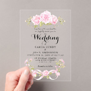 Invitations En Acrylique Mariage aux Roses Tendres et Ruban Rose