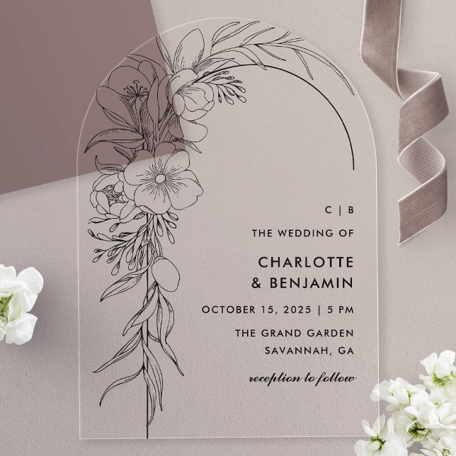 Invitations En Acrylique Mariage avec Arche de Bouquet Floral Noir (Créateur téléchargé)