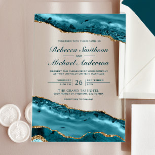 Invitations En Acrylique Mariage Bille de Marbre Agate Bleu-vert et Or