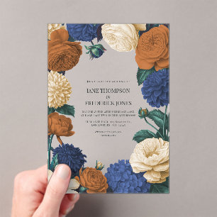 Invitations En Acrylique Mariage Bleu Nuit, Orange Brûlé & Champagne