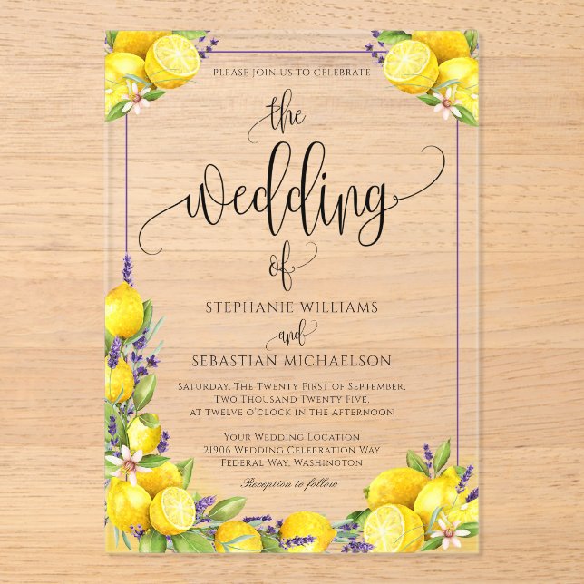 Invitations En Acrylique Mariage bohème au citron et à la lavande aquarelle (Recto)