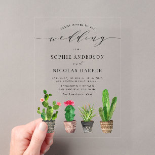 Invitations En Acrylique Mariage Bohème avec Succulentes et Cactus en Pot 
