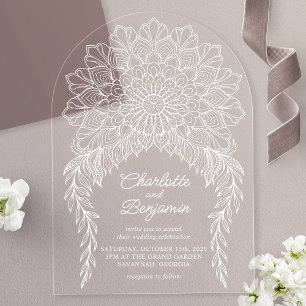 Invitations En Acrylique Mariage Bohème Blanc Mandala Feuillage Vigne