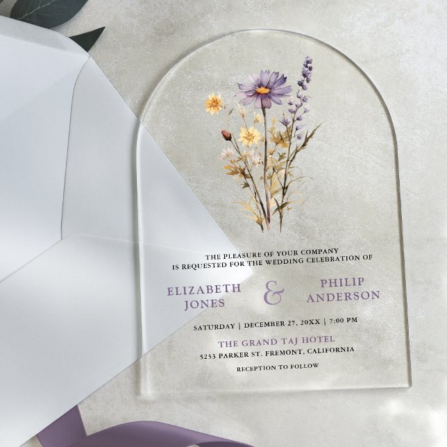 Invitations En Acrylique Mariage Bohème Fleur Sauvage Violet Poussiéreux (Créateur téléchargé)