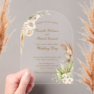 Invitations En Acrylique Mariage Bohème Floral Herbe de Pampas Tons Terreux