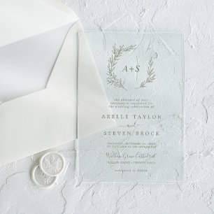 Invitations En Acrylique Mariage Bohème Minimaliste Feuille Verte Monogramm
