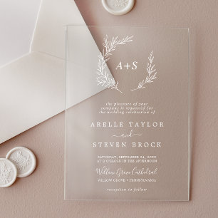 Invitations En Acrylique Mariage Boho vert à feuilles blanches minimes