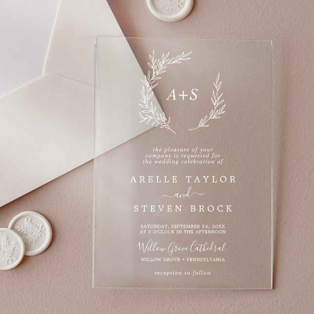 Invitations En Acrylique Mariage Boho vert à feuilles blanches minimes (Minimal Leaf White Monogram Greenery Boho Wedding Acrylic Invitations)