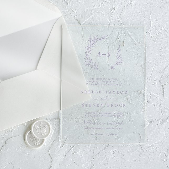 Invitations En Acrylique Mariage Boho vert vert à feuilles minces pourpres (Minimal Leaf Purple Monogram Greenery Boho Wedding Acrylic Invitations)