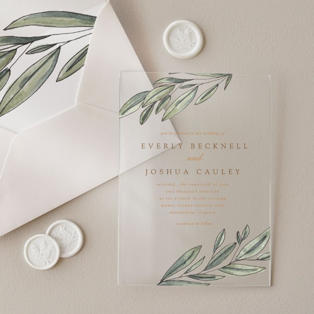 Invitations En Acrylique Mariage botanique À feuillage persistant romantiqu (Romantic Evergreen Watercolor Botanical Wedding Acrylic Invitations)