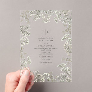 Invitations En Acrylique Mariage botanique avec monogramme et Gypsophile