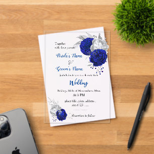 Invitations En Acrylique mariage botanique bleu et argent royal