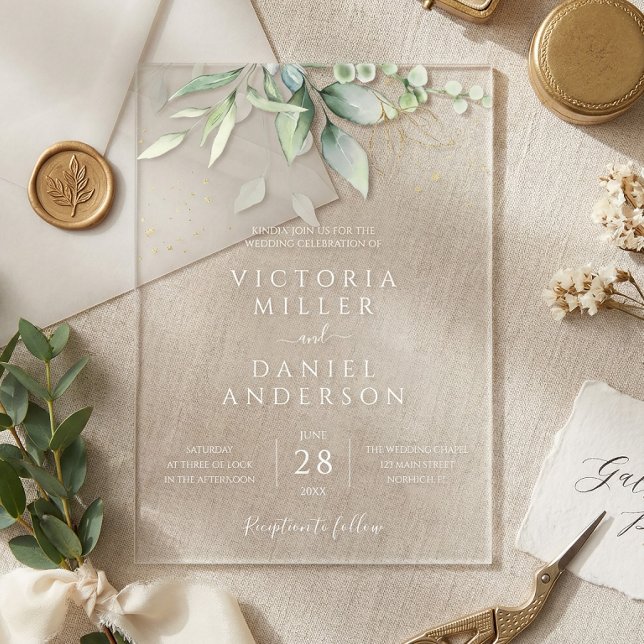 Invitations En Acrylique Mariage botanique Feuille Eucalyptus Green (Créateur téléchargé)
