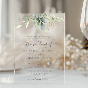 Invitations En Acrylique Mariage botanique feuilles d'eucalyptus or