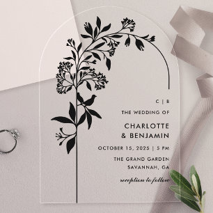 Invitations En Acrylique Mariage botanique noir moderne avec arche