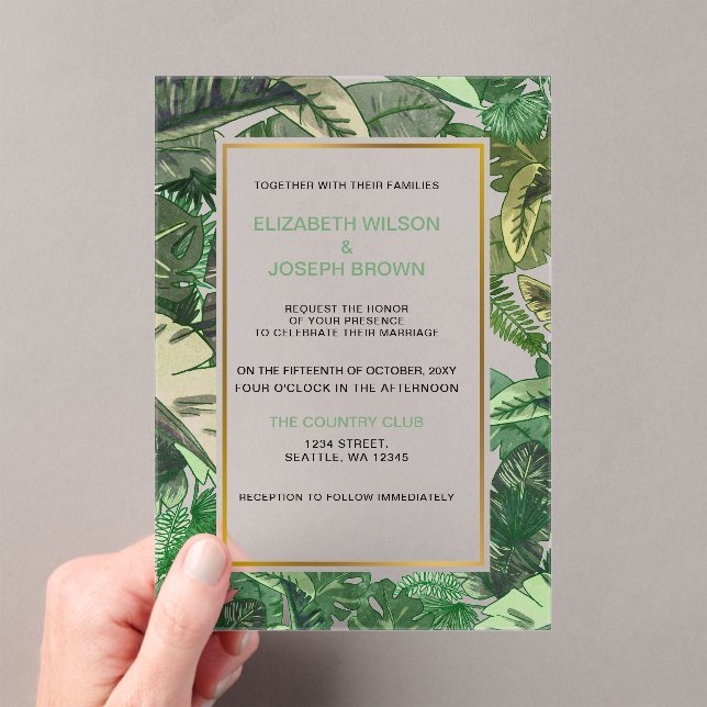 Invitations En Acrylique mariage botanique tropical feuille (In situ (ordinateur de poche))