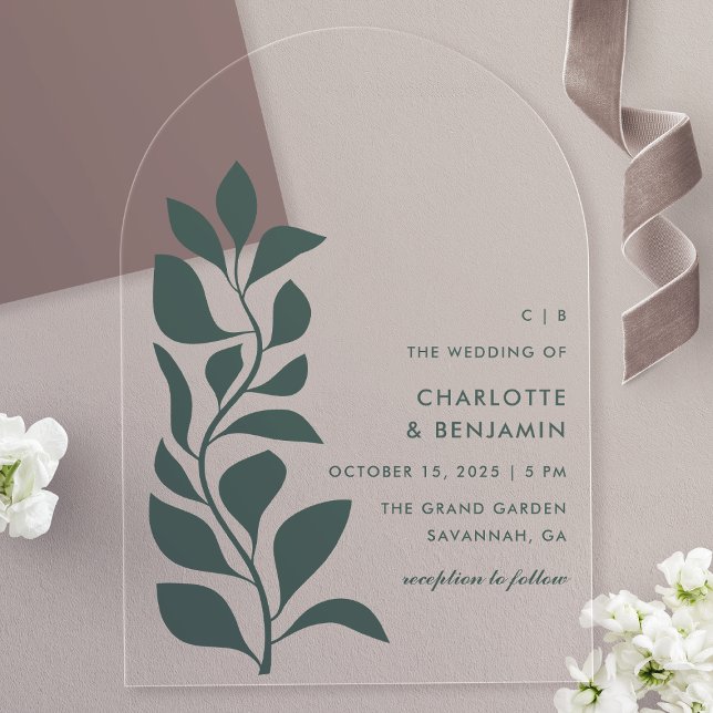 Invitations En Acrylique Mariage botanique vert moderne Feuille (Créateur téléchargé)