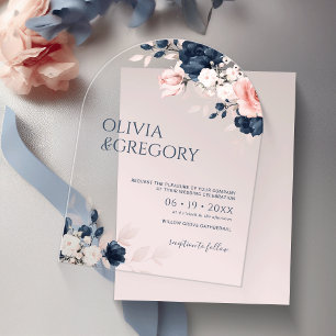Invitations En Acrylique Mariage Bouquet Bleu Marine et Rose Pâle
