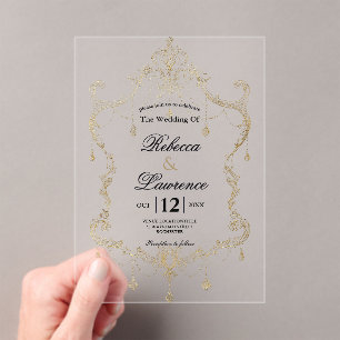 Invitations En Acrylique Mariage calligraphié avec cadre en or faux chic
