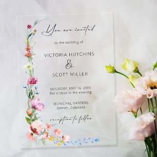 Invitations En Acrylique Mariage calligraphié de fleurs sauvages aquarelle