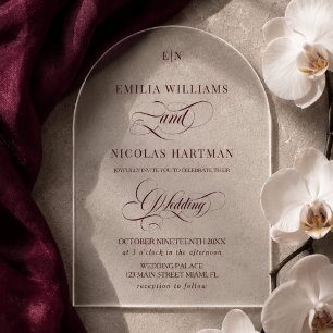 Invitations En Acrylique Mariage calligraphié en bordeaux à monogramme