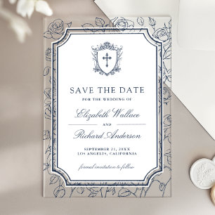 Invitations En Acrylique Mariage Catholique Bleu de la Marine Victorienne -