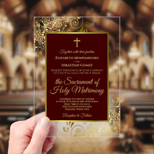Invitations En Acrylique Mariage Catholique Élégant Auburn Brun & Or