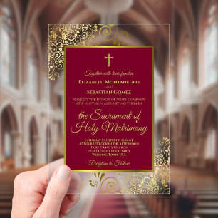 Invitations En Acrylique Mariage Catholique Élégant Bourgogne & Or