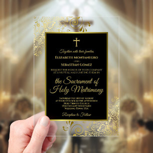 Invitations En Acrylique Mariage Catholique Élégant Noir et Or Orné
