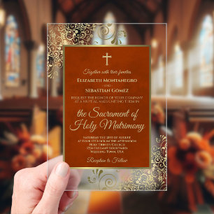 Invitations En Acrylique Mariage Catholique Élégant Orné de Rouille Orange 