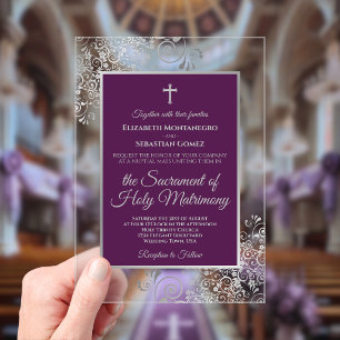 Invitations En Acrylique Mariage Catholique Élégant Prune Pourpre et Argent