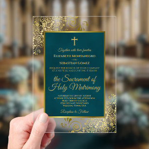 Invitations En Acrylique Mariage Catholique Élégant Sombre Turquoise et Or 
