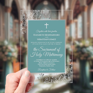 Invitations En Acrylique Mariage Catholique Élégant Turquoise Bleu Vert & A