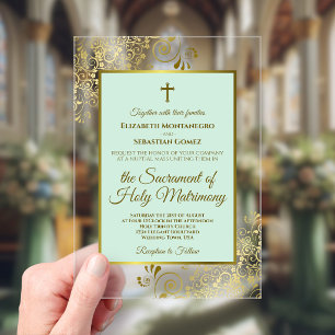 Invitations En Acrylique Mariage Catholique Élégant Vert Menthe et Or Orné