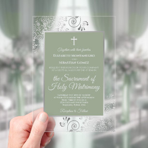 Invitations En Acrylique Mariage Catholique Élégant Vert Sauge et Argent Or