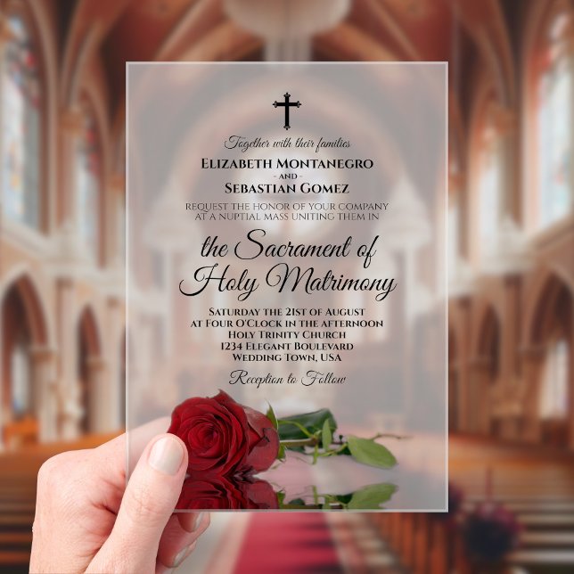 Invitations En Acrylique Mariage Catholique Moderne Rose Rouge Élégant (Frosted Acrylic with Rectangle Cut)