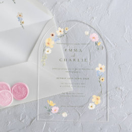 Invitations En Acrylique Mariage Chic Bohème Fleurs de Printemps Eté Pastel