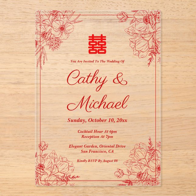 Invitations En Acrylique Mariage chinois cadre fleuri rouge beige oriental (Recto)