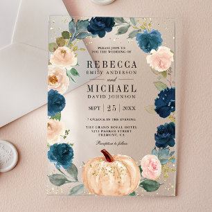 Invitations En Acrylique Mariage Citrouille Florale Bleu Nuit et Pêche Rust