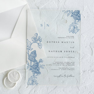 Invitations En Acrylique Mariage Clair en Dentelle Florale Bleue
