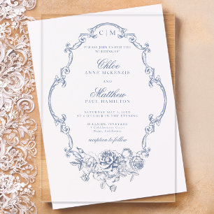 Invitations En Acrylique Mariage Classique Élégant Cadre Floral Bleu Poussi