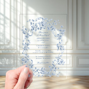 Invitations En Acrylique Mariage Classique Fleurs et Rubans Bleu Français