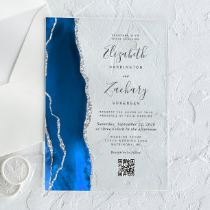 Invitations En Acrylique Mariage Code QR Agate Argent Bleu Royal