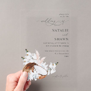 Invitations En Acrylique Mariage Corail de Coco et Fleur Blanche